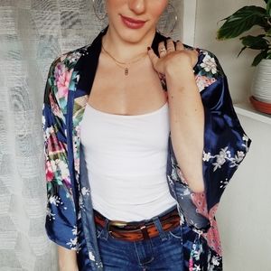 Satiny blue and pink floral kimono